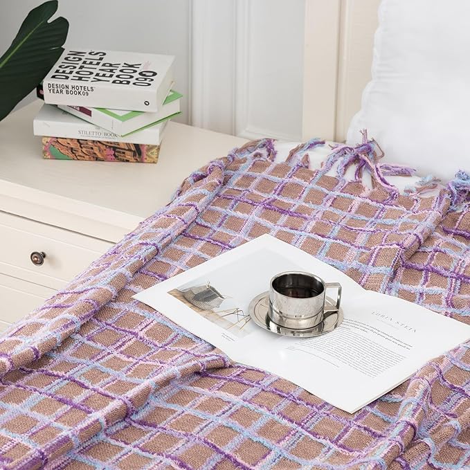 Gealaek Boho Throw Blanket Lightweight Fuzzy Soft Cozy Decorative Blankets for Sofa Bed Farmhouse Throw Blanket Mexcican Blanket with Tassel Khaki Purple Pink Textured 50" x 60"