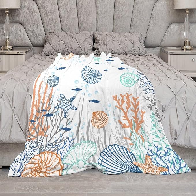 Nautical Coastal Blanket, Starfish Seashell Coral Beach Themed Drapes Ocean Orange Blue Teal Conch Print Throw Blankets for Sofa Couch Bed Room Birthday Decor, 40"x50"