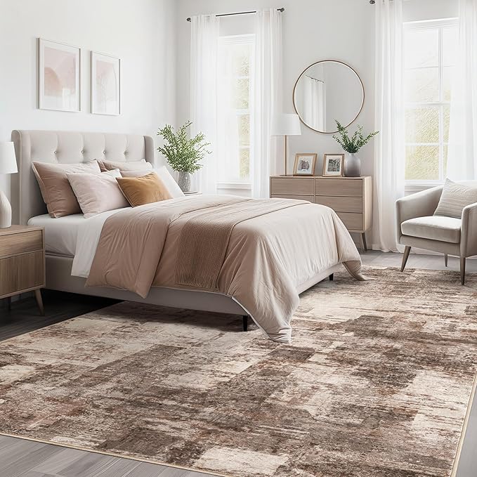 Abstract Living Room Rug 10x12 - Modern Washable Soft Thin Area Rug for Living Room Bedroom Under Dining Table - Neutral Indoor Floor Rug Carpets for Home Office Playroom Nursery - Brown