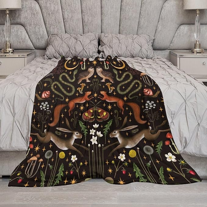 Rustic Forest Throw Blanket, Fairy Tale Forest Land Wild Animals Moths Flowers Moon Star Soft Flannal Blanket for Adult Kids Bed Couch Sofa, 50"x60"