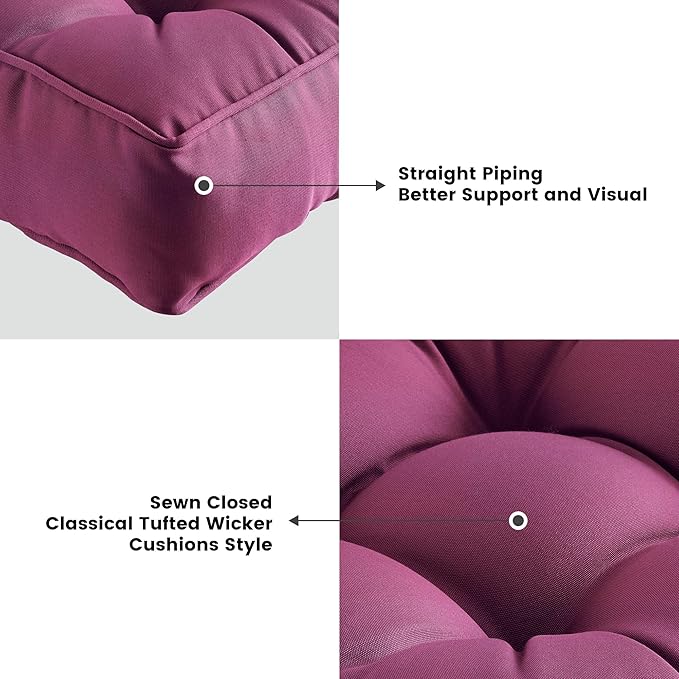 ARTPLAN Outdoor Seat Cushion,Square Thick Tufted Pure Chair Cushion for Patio Wicker Chair with Tie,Set of 2,19"x19"x5"，Plum