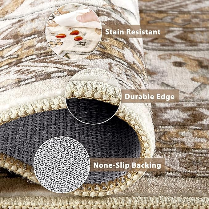 Vintage Hallway Runner Rug 3x10: Large Soft Washable Entryway for Kitchen Laundry Room Non-Slip Backing Runner for Entrance Living Room Bedroom Bathroom - Beige