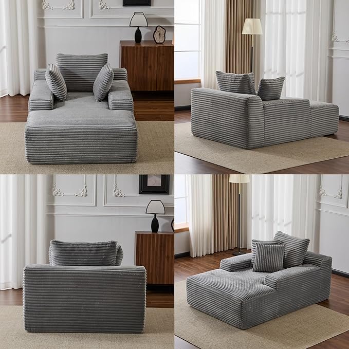 Chaise Lounge Chair Indoor, Oversized Comfy Fluffy Cloud Couch with Throw Pillows & Deep Seat, Modern Lounge Sleeper Couch with Armrests, Upholstered Sofa Bed Chair for Living Room, Grey