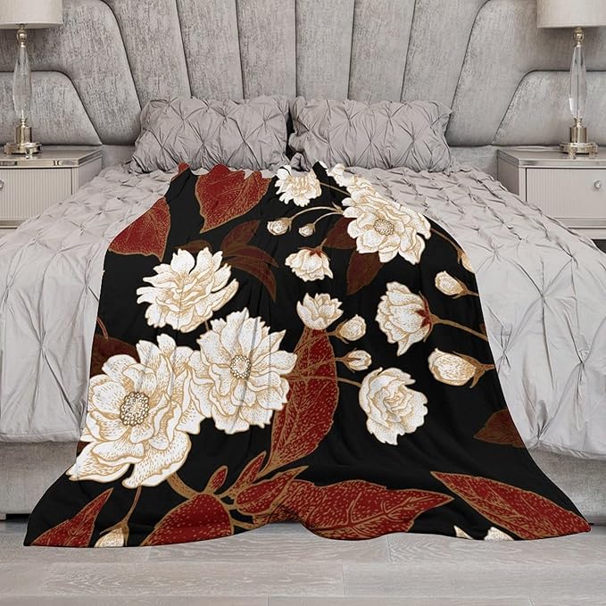 Red Gold Floral Blanket, Boho Dark Flower Leaves Chinese Plum Blossoms Botanical Vintage Throw Blanket for Bed Living Room Bedding Couch Soft Lightweight Warm Cozy Decor, 50"x60"