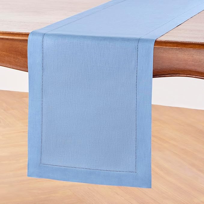 Solino Home Linen Cornflower Blue Hemstitch Table Runner 48 Inches - 100% Pure Linen Table Runner 14 x 48 Inch Ideal for Dresser and Coffee Tables - Classic Hemstitch - Christmas, Holiday, New Year