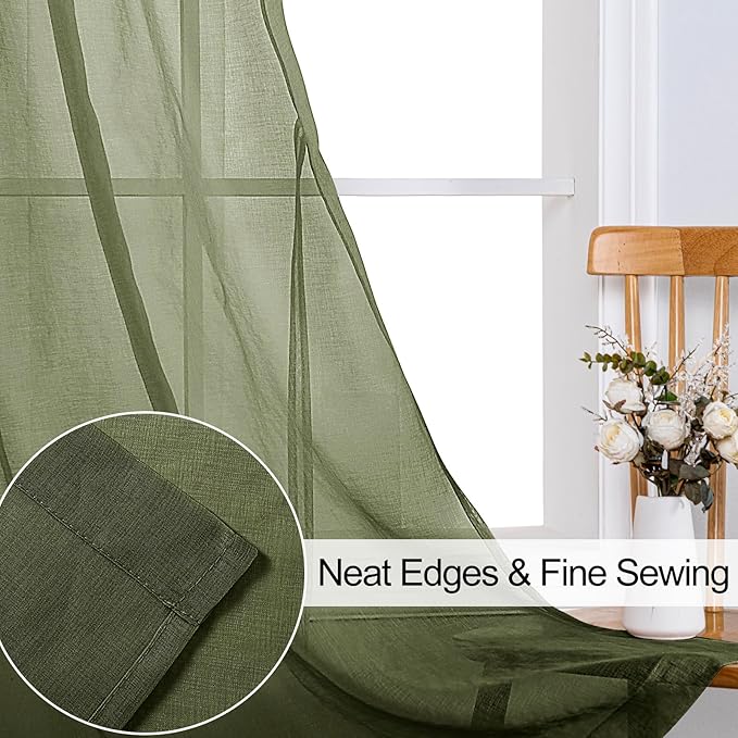 XWZO Sheer Curtains 84 Inches Length 2 Panels for Bedroom, Grommet Light Filtering Semi Transparent Voile Window Curtains for Living Room, Basement with Tiebacks, Olive Green, 52 x 84 Inches Long