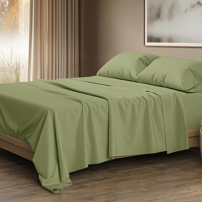 THREAD SPREAD 100% Egyptian Cotton Sheets California King Size Bed Set - 4 PC 1500 Luxury High Thread Count Sage Green Cal King Bed Sheets, Silky Soft, Cooling, Sateen, 17" Deep Pocket Bedsheet Set
