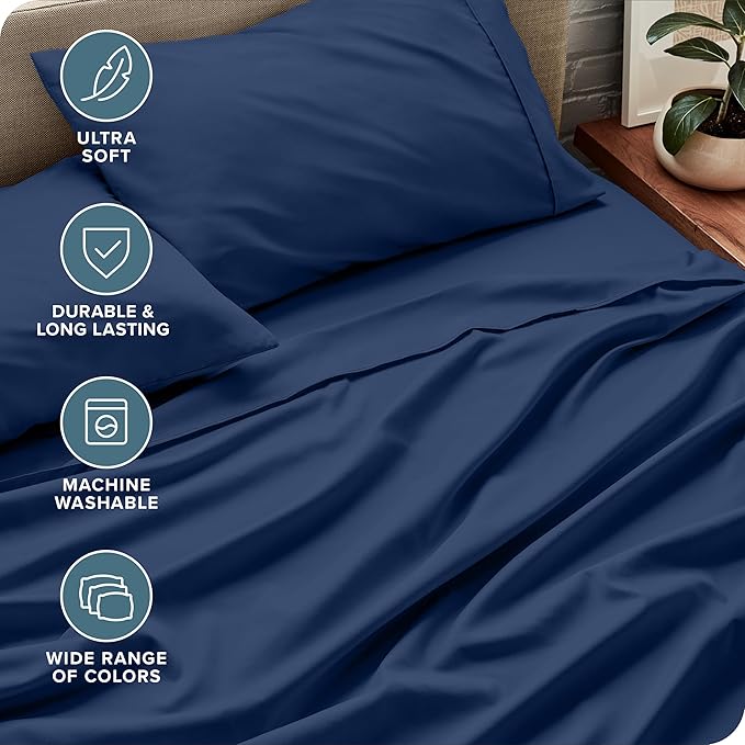 Bare Home Queen Sheet Set - Luxury 1800 Ultra-Soft Microfiber - Double Brushed - Deep Pockets - Easy Fit - 4 Piece Set - Bedding Sheets & Pillowcases (Queen, Dark Blue)