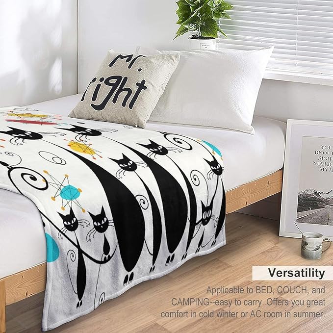 Mid Century Modern Throw Blanket, Atomic Black Cat Starbursts Iconic Sputnik Retro Abstract Geometric 1950s 1960s Throw for Adults Kids Pet, Beige Black 50"x60"