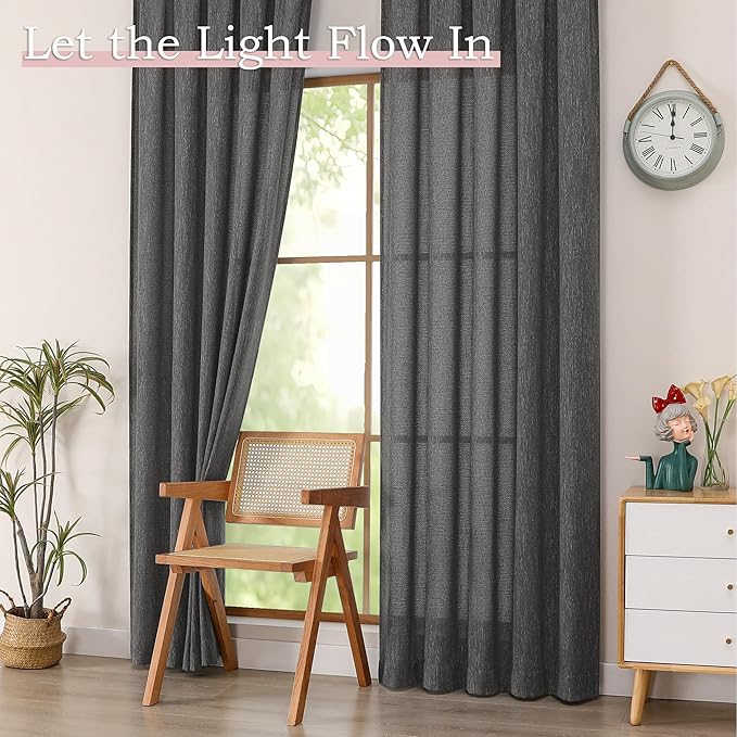 Simplebrand Grey Short Faux Linen Textured Cafe Kitchen Curtains 36 Inch Length 2 Panels, Over Sink Semi Sheer Farmhouse Light Filtering Panels Rod Pocket Drapes for Bathroom Window, 40 x 36 Inch