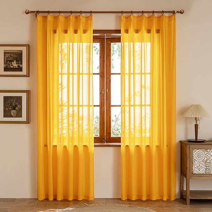 Gold Pinch Pleat Sheer Curtains 90 Inches Long Light Filtering Curtain Panels Tree Branch Soft Textured Lightweight Pleated Drapes with Adjustable Hooks for Bedroom, Gold, 42"W x 90"L, 2 Panels