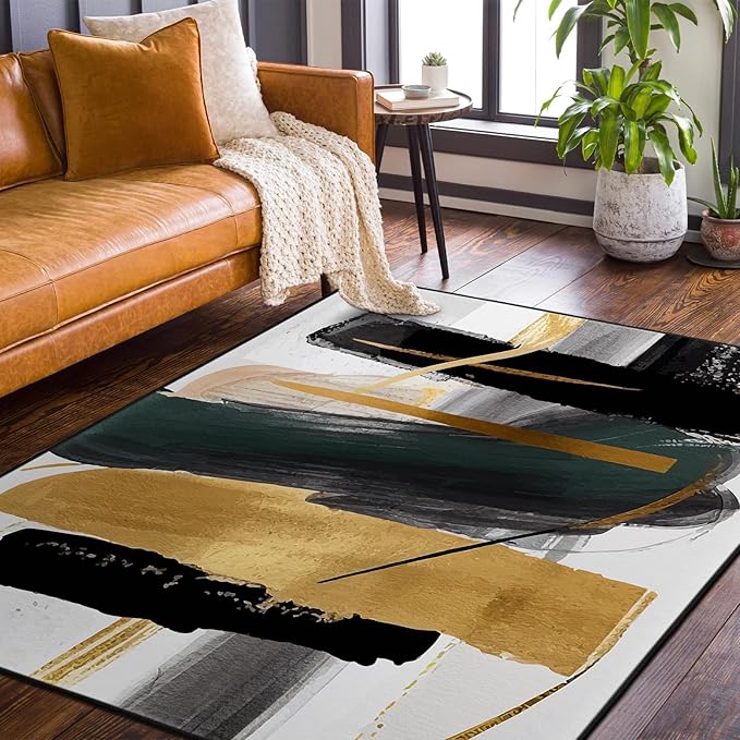 9CH Fashion Modern Area Rug 7' X 5', Abstract Art Painted Black White Gold Foil Modern Artwork Area Rug Non-Slip Carpet for Living Room Bedroom Dining Room