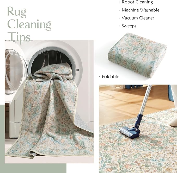 MUJOO 3x5 Rug Washable,Floral Area Rug for Bedroom Office Entryway Living Room Bedside,Small Throw Carpet Boho Non Slip Indoor Floor Neutral Vintage Ultra-Thin Light Green and Beige