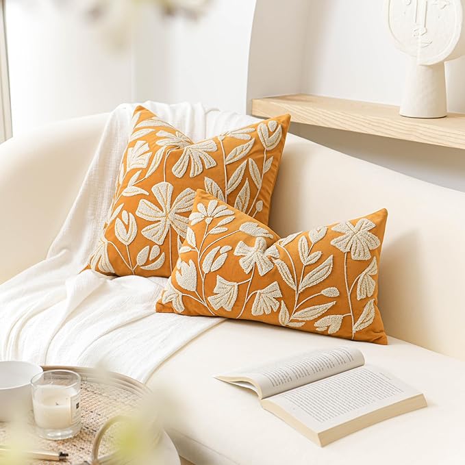 BlissBlush Fall Throw Pillow Cover 20x20, Yellow Mustard Soft Velvet Floral Decorative Accent Throw Pillowcase, Tufted Farmhouse Textured Pillowcase for Couch Sofa Bed Living Room Home Décor