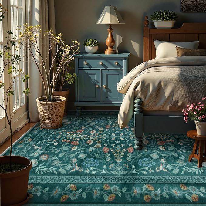 Lahome Floral Washable Rugs 5x7, Non-Slip Ultra-Thin Soft Green Area Rug Bedroom Carpet, Vintage Botanical Print Low-Pile Carpet for Living Room Kitchen Office, Dark Green