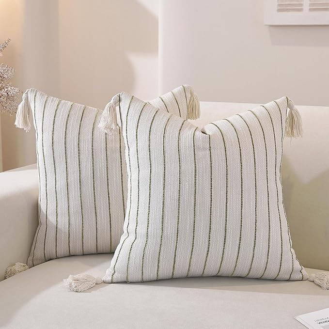 Boho Throw Pillow Covers 20x20 Inch Set of 2, Textured Linen Striped Square Pillow Covers with Tassels, Soft & Cozy Farmhouse Décor Pillow Cases for Sofa Couch Bed Living Room Thanksgiving, Green