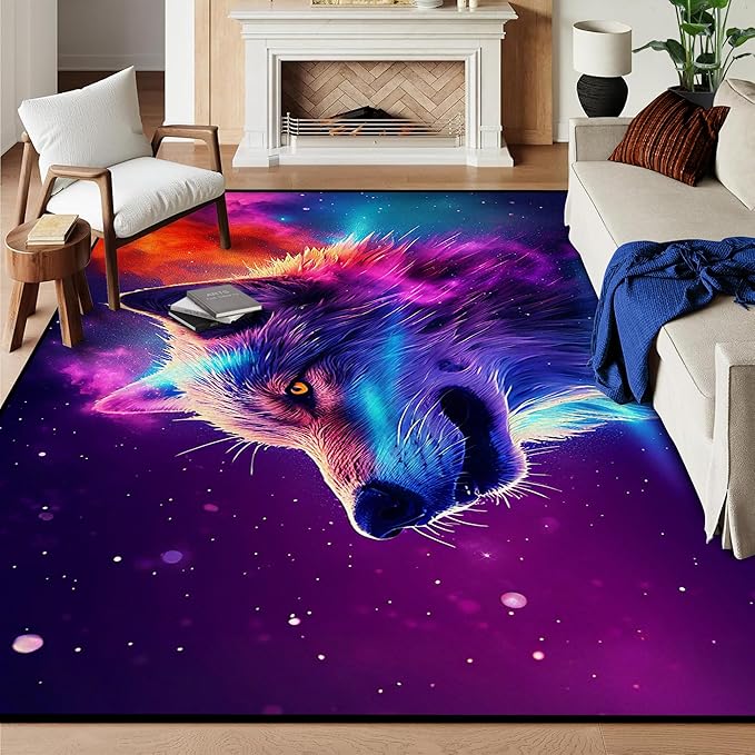 6' x 9' Galaxy Wolf Rug Large 3D Fierce Wolves Space Area Rugs for Bedroom Living Room Playroom Gameroom Boys Kids Colorful Glitter Throw Rugs Floor Mat Carpet,180 X 275cm