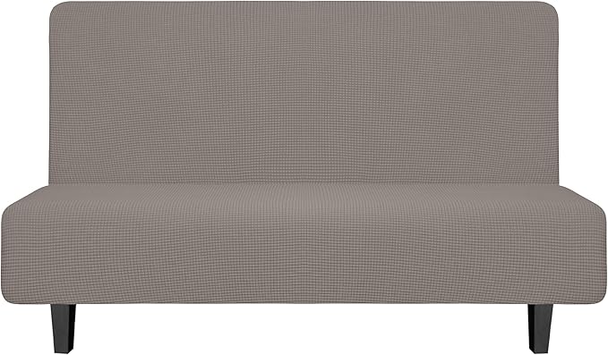 Easy-Going Stretch Futon Slipcover Armless Futon Bed Cover Furniture Protector Without Armrests with Elastic Bottom for Kids, Soft Jacquard Fabric Small Checks (Medium, Taupe)