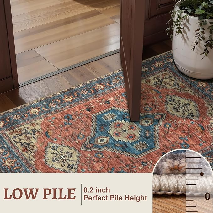 Tangsoo Washable Rug 4x6 Area Rug, Oriental Rug Indoor for Living Room, Non Slip Machine Washable Large Rugs, Soft Print Distressed Terracotta Carpet for Bedroom Dining Room Dorm Office