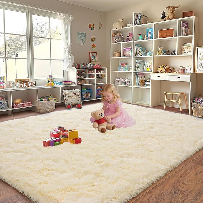 Extra Large Fuzzy Rug Fluffy Rug for Living Room, Big Plush Non-Slip Shag Carpet, Soft Shaggy Rugs for Bedroom Indoor Modern Home Decor Light Champagne 9x12ft