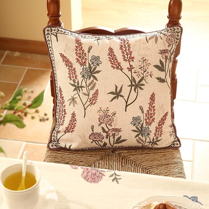 ISAENNE Design Linen Vintage Throw Pillow Covers 18"x18", Square Cushion Covers with Blue Pink Flowers Green Leaves Pattern Decoration Pillowcases for Bed,Living Room,Outdoor,Car