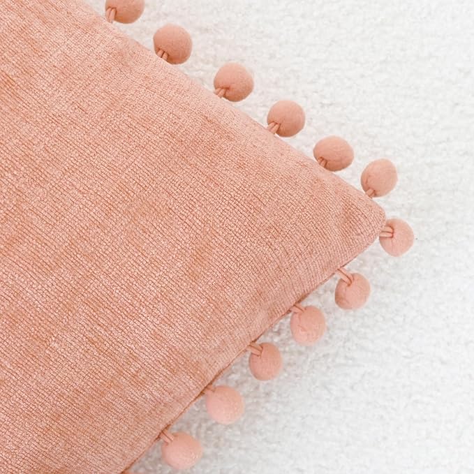 CaliTime Throw Pillow Covers Decorative 18 X 18 Inches Pack of 2 Cozy Solid Dyed Soft Chenille Cushion Cases with Pom Poms for Couch Sofa Bed Living Room Home Dusty Pink