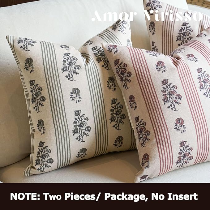 Amor Virisso Floral Throw Pillow Covers 20x20 Set of 2 Block Print Pillow Covers Neutral Floral Striped Farmhouse Decorative Pillow Covers for Sofa Couch Bed, Dusty Green