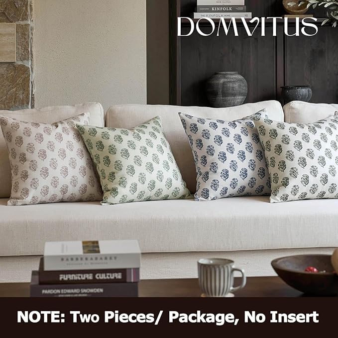 DOMVITUS Set of 2 Floral Pillow Covers 20x20, Block Print Pillow Covers Vintage Neutral Decorative Farmhouse Throw Pillow Covers for Couch Bed Living Room Dusty Blue