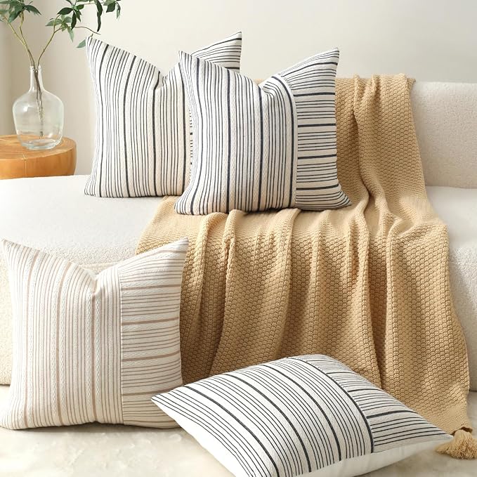 DWR Striped 3D Textured Weave Throw Pillow Covers 20x20 Set of 2, Polyester Cotton Blend in Khaki, Modern Farmhouse Decorative Pillow Cases for Couch Sofa Bed Living Room