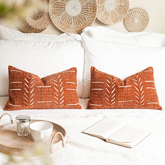 BlissBlush Fall Brick Red Decorative Lumbar Throw Pillow Covers 12X20, Set of 2, Rust Boho Farmhouse Cushion Cover, Soft Accent Pillowcase for Couch Sofa Bed Living Room Home Décor