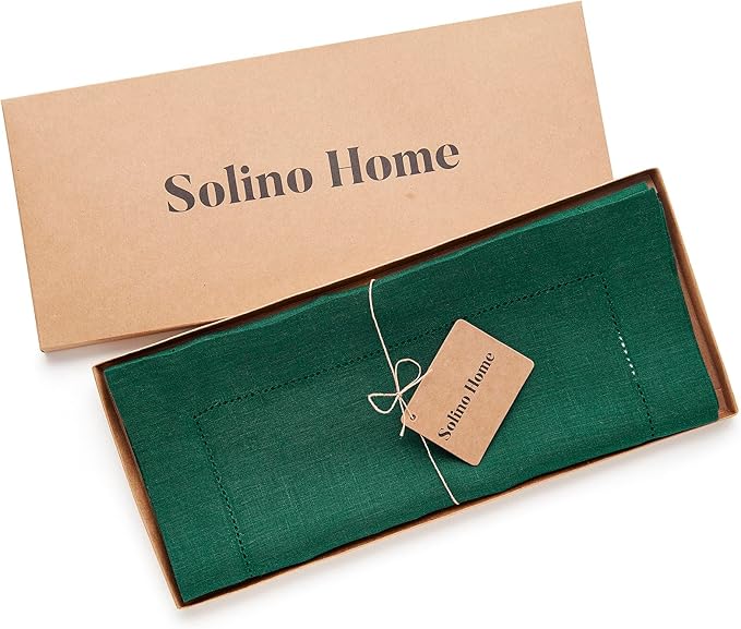 Solino Home Linen Rainforest Green Table Runner 90 Inches Long - 100% Pure Linen Hemstitch 14 x 90 Inch Table Runner for Dining, Christmas, New Year - Classic Hemstitch