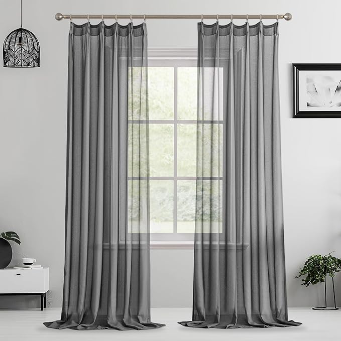 MAIHER Grey Pinch Pleat 144 Inch Curtains Extra Long Sheer 12ft Curtains for Living Room Soft Touch Light Filtering Pleated Drapes with Ajustable Hooks, Grey, 42" W x 144" L, 2 Panels