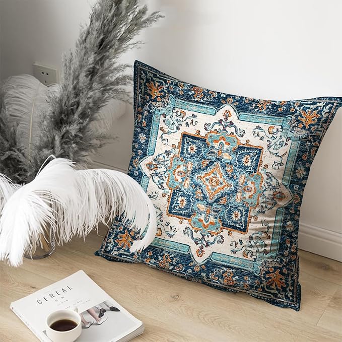 Vintage Boho Floral Print Throw Pillow Cover, Orange, Blue - Retro Rust Floral Decor Pillowcase, Indoor Outdoor Cushion Case for Sofa Couch Bed Living Room Bedroom Home (Blue&White, 18x18inch)