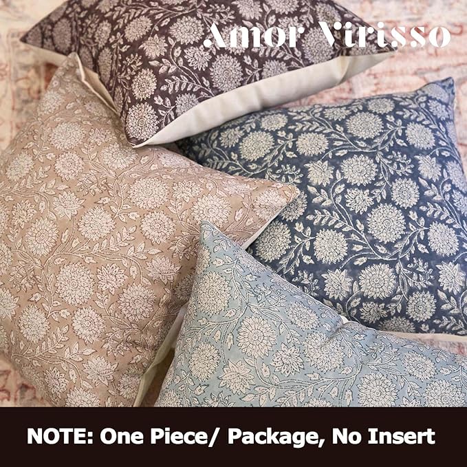 Amor Virisso Floral Pillow Covers 20x20 Throw Pillow Covers Vintage Block Print Pillow Cover Neutral Couch Pillows for Living Room Farmhouse Decorative Accent Sofa Pillows, Light Camel