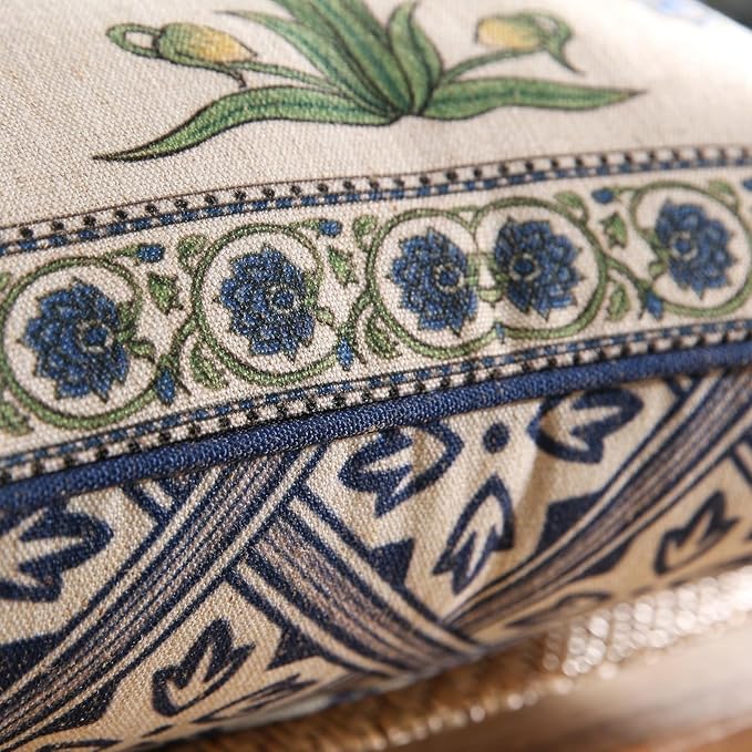 patdrea Designer Throw Pillow Covers,Blue Euro Elegant Linen with Blooming Floral Pattern Pillow Cover,Decorative Square Pillowcases Cushion for Bed Living Room Outdoor Car,18"x18"