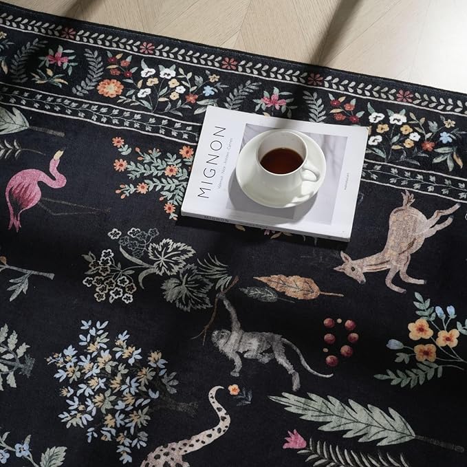 Rugcomf Runner Rug for Kitchen Rug Non Slip 2'6''x8' Washable Rugs with Rubber Backing Soft Floral Animal Carpet Runner for Kitchen, Laundry, Bedroom, Bathroom (Black)
