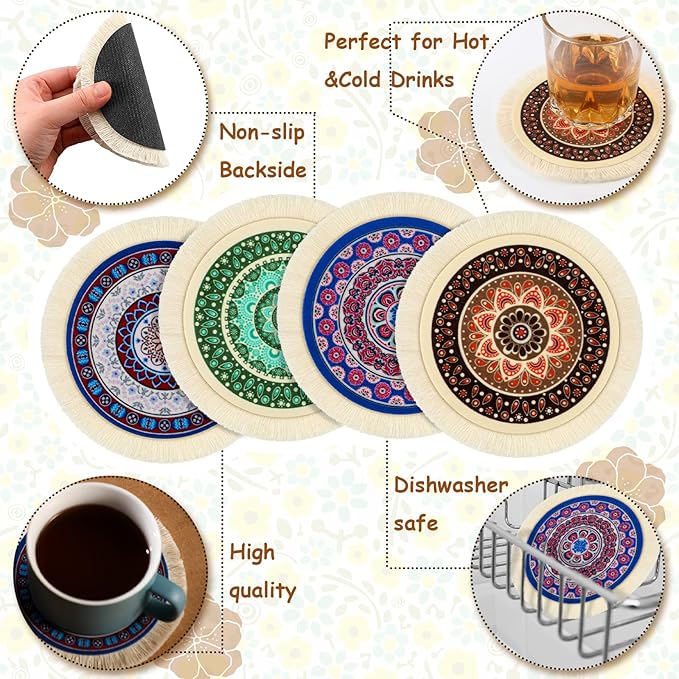 4 Pieces Rug Table Coasters Table Drink Holders Oriental Design Fabric Carpet Drink Mats Oriental Design Fabric Elegant Carpets Kitchen and Bar Mats for Home Office(Round,Fresh Pattern)