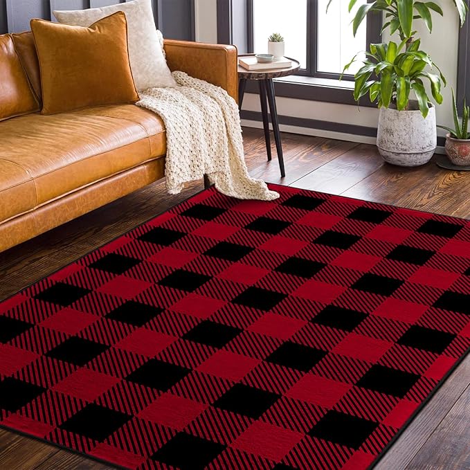 9CH Red Black Buffalo Plaid Rug 7' x 5', Christmas Faux Wool Area Rugs Non-Slip, Red Buffalo Check Rugs Carpet for Kitchen Living Room Bedroom