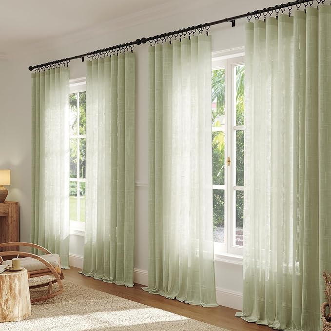 Anmao Natural Linen Curtains for Living Room 63 Inch Length 2 Panels Set, Light Filtering Semi Sheer Window Curtain Drapes for Bedroom with Curtain Rings and Clips, 52 Inch Wide Each Panel, Sage