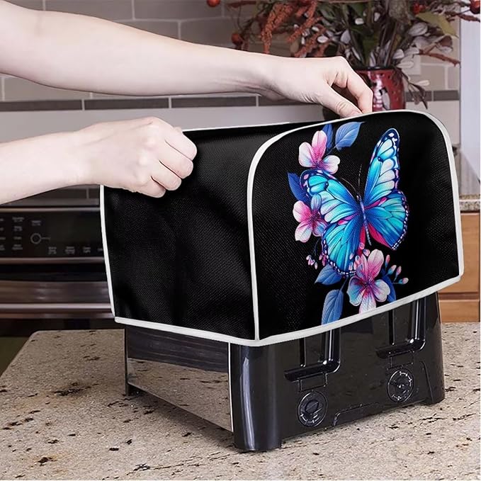 ZFRXIGN Blue Butterfly Toaster Cover 4 Slice Wide Slot Small Appliance Covers Machine Washable Kitchen Decor Accessories Toaster Oven Cover Flower Butterfly Toaster Covers Black