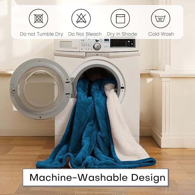 Electric Heated Blanket Throw Size 50"x60", 5 Heat Settings- 3H Auto Shut Off Flannel Material&Sheepskin Fabric, Machine Washable, Lake Blue&White