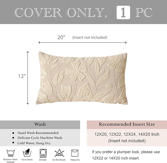BlissBlush Light Beige Soft Velvet Decorative Accent Lumbar Throw Pillow Cover 12X20, Neutral Floral Tufted Soft Farmhouse Textured Pillowcase, Accent Pillowcase for Couch Sofa Bed Living Room