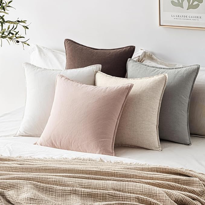 EMEMA Throw Pillow Covers Decorative Linen Pillow Covers 22x22 Inch Pink Boho Farmhouse Neutral Couch Throw Pillows for Bed Pack of 2 Accent Pillowcase Modern Sofa Cushion Livingroom Home