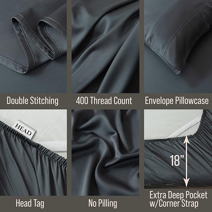 Bella Coterie Luxury Bamboo Viscose Twin Size Sheet Set | 100% Organically Grown | Ultra Soft | Cooling for Hot Sleepers | 18" Deep Pocket [Charcoal Grey]