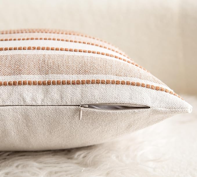 Decorative Boho Throw Pillow Covers, Farmhouse Textured Pillow Case, 18 x 18 Inch Set of 2, Chair Sofa Bedroom Living Room Home Decor Couch Cushion Case, Brown and Beige Striped