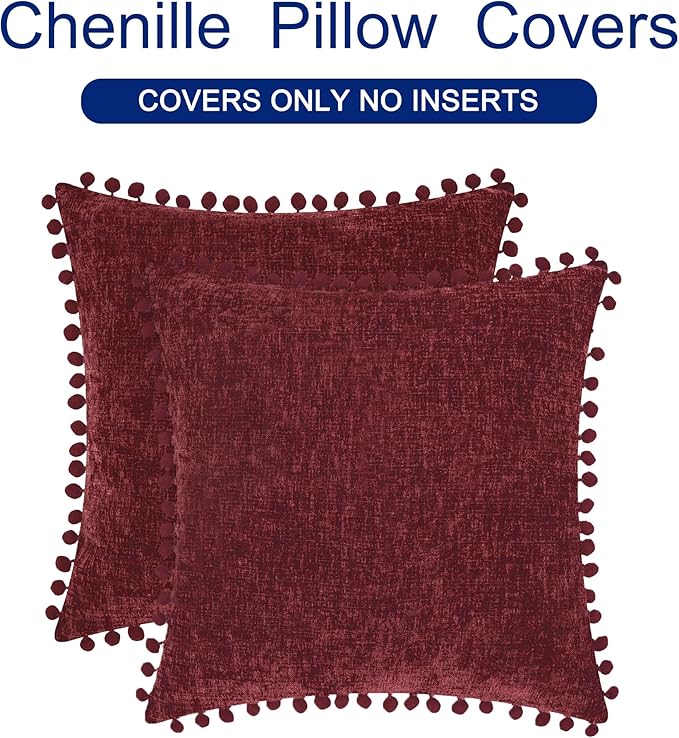 CaliTime Christmas Throw Pillow Covers Decorative 16 X 16 Inches Pack of 2 Cozy Solid Dyed Soft Chenille Cushion Cases with Pom Poms for Couch Sofa Bed Living Room Home Burgundy
