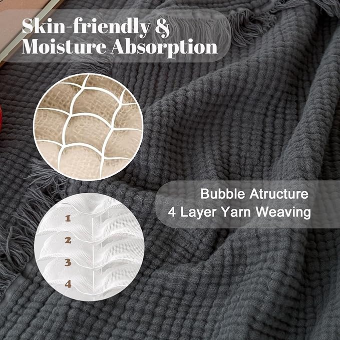 MorroMorn 100% Cotton Muslin Throw Blanket with Fringes 50"x60", 4-Layer Cotton Gauze Blankets for Adults, Boho Bedding Breathable Lightweight Ultra-Soft for Couch Bed Sofa All Seasons, Dark Grey