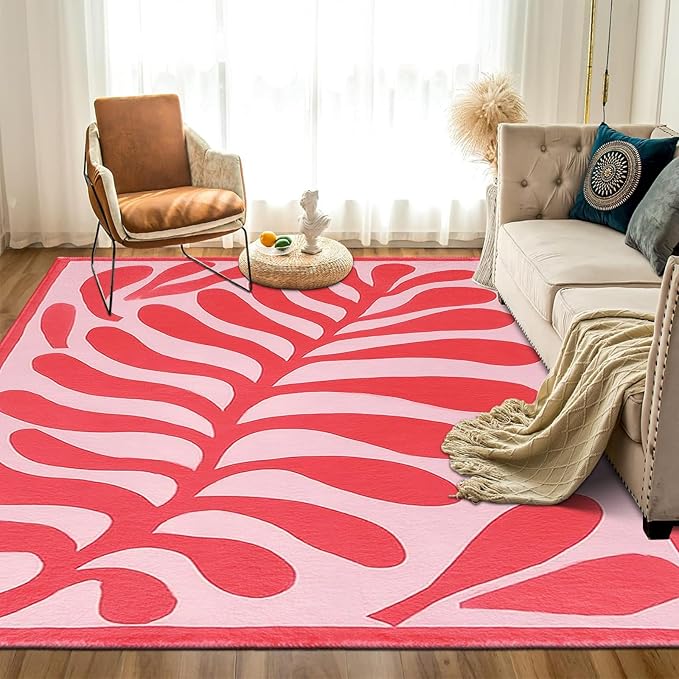 9CH Abstract Matisse Leaf Area Rug 7' X 5 Pink Retro Botanical Faux Wool Rugs Non-Slip Boho Flowers Soft Floor Carpet for Kitchen Entryway Bedroom