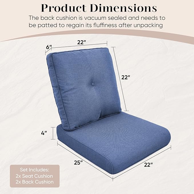 Outdoor Chair Cushions-Patio Chair Cushions Set of 2 with Removable Cover 22 X 25 Inch Outdoor Cushions for Patio Furniture Chair Sofa Couch-Blue