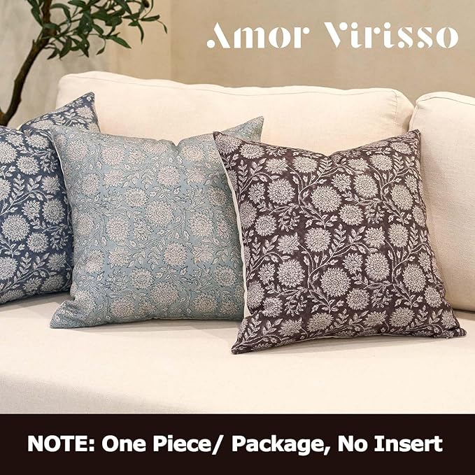 Amor Virisso Floral Pillow Covers 20x20 Throw Pillow Covers Vintage Block Print Pillow Cover Neutral Couch Pillows for Living Room Farmhouse Decorative Accent Sofa Pillows, Dark Brown
